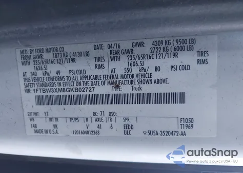 2016 Ford Transit-350 z USA, uszkodzony, nr VIN 1FTBW3XM8GKB02727